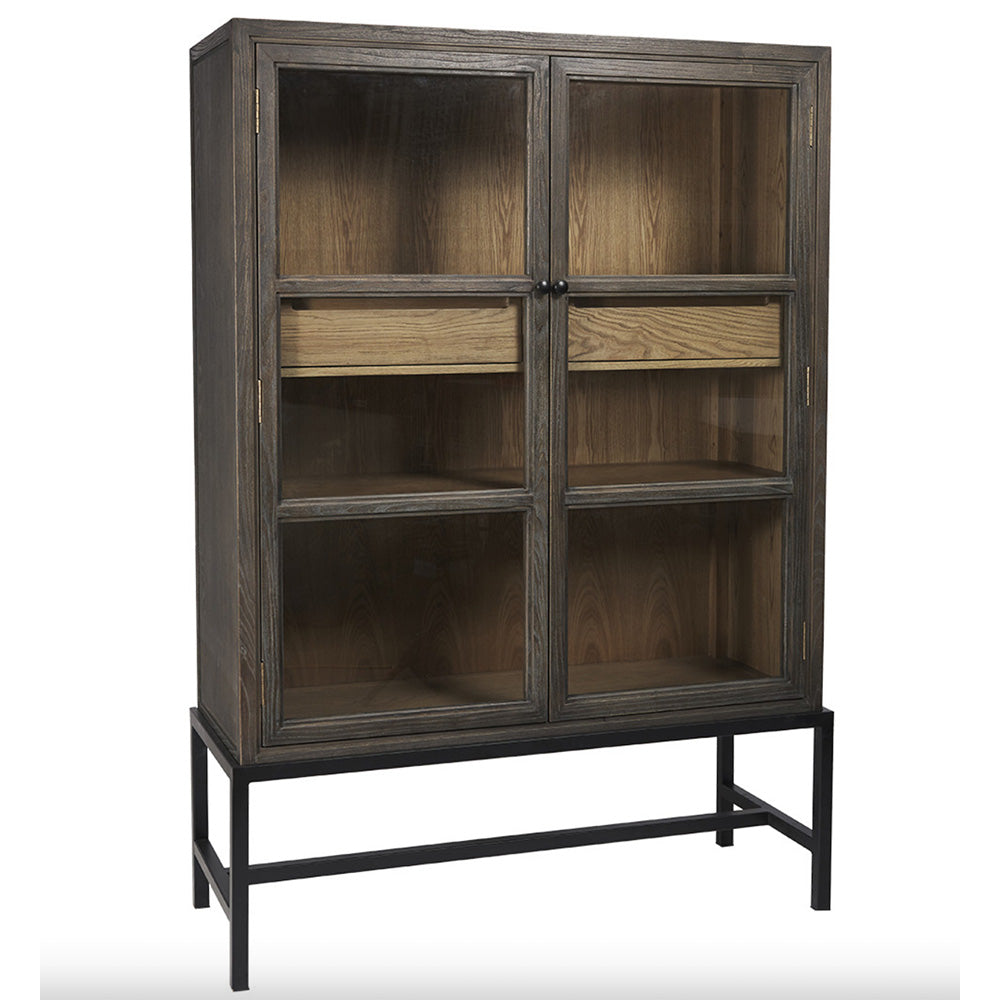 Photo of dark timber cabinet with glass doors and black metal legs.