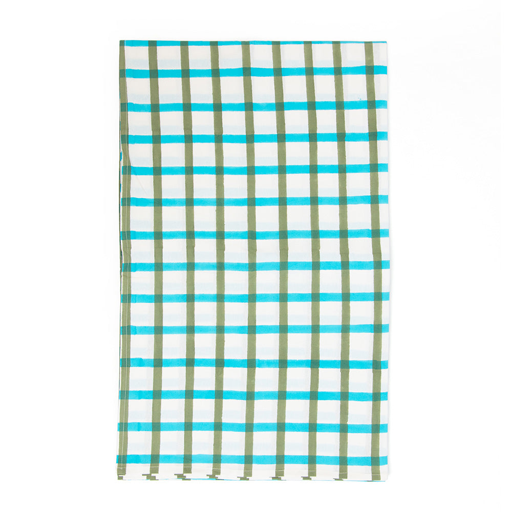 Photo of 6 folded white, aqua blue and olive green check fabric cotton tablecloth.