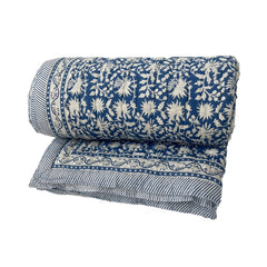 Charlotte Quilt in French Blue White Floral w/ Pillow Cases | Hand-Block Printed Floral Design