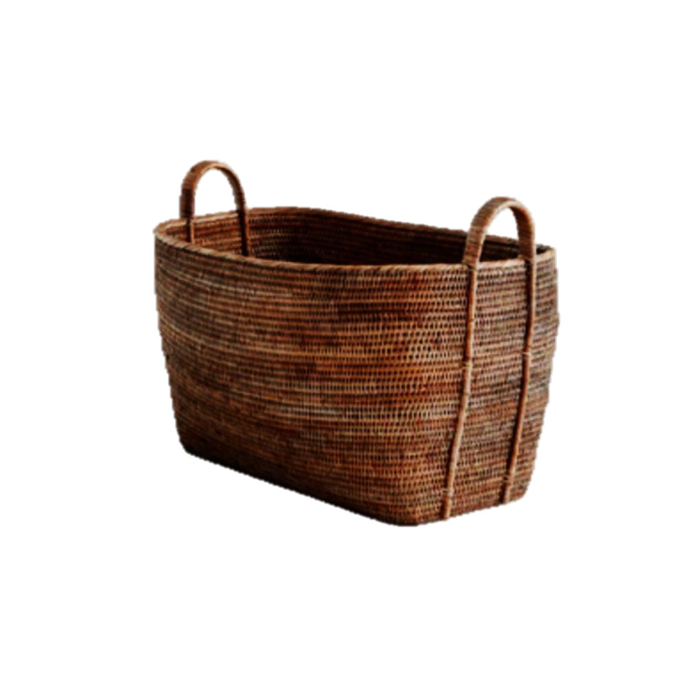 Photo of side view of dark rattan raffles basket with handles.
