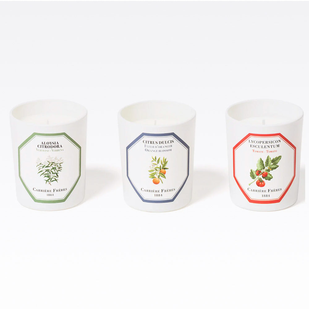 Photo of three small Carriere Freres scented candles sold as a gift set