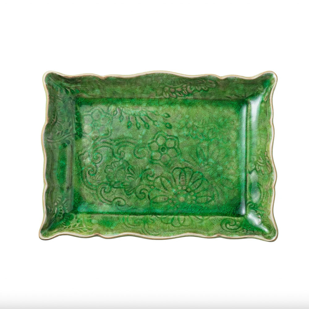 Photo of small ceramic rectangular dish in deep green glossy glaze.