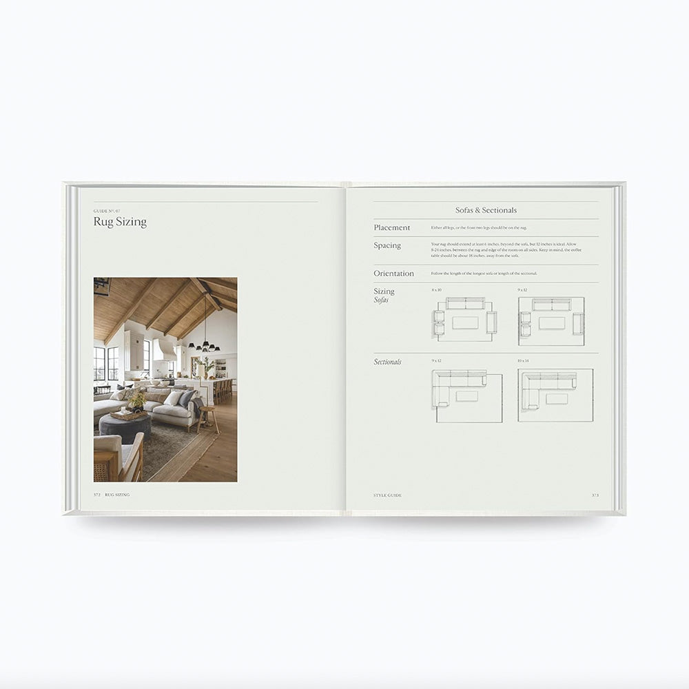 Photo showing pages from inside the Art of Home book.  There is a photograph of a lounge room on the left side and some writing and floor plans on the right.