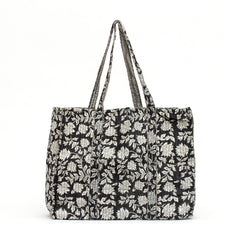 Photo of dark charcoal blue quilted block printed tote bag.