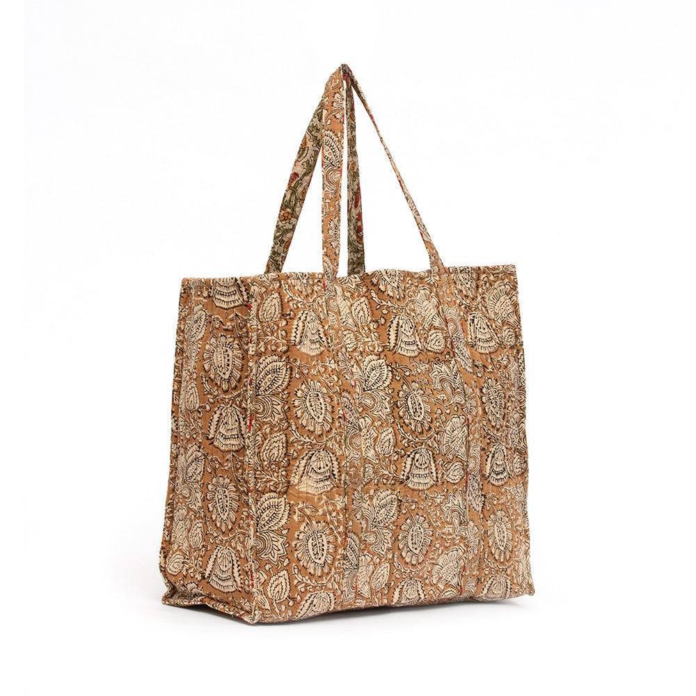 Photo of coffee spice floral block printed quilted tote bag.