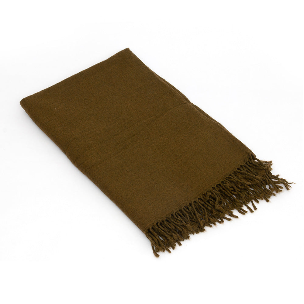 Photo of folded Olive Woollen Throw blanket and showing the fringe detail along the end of the throw.