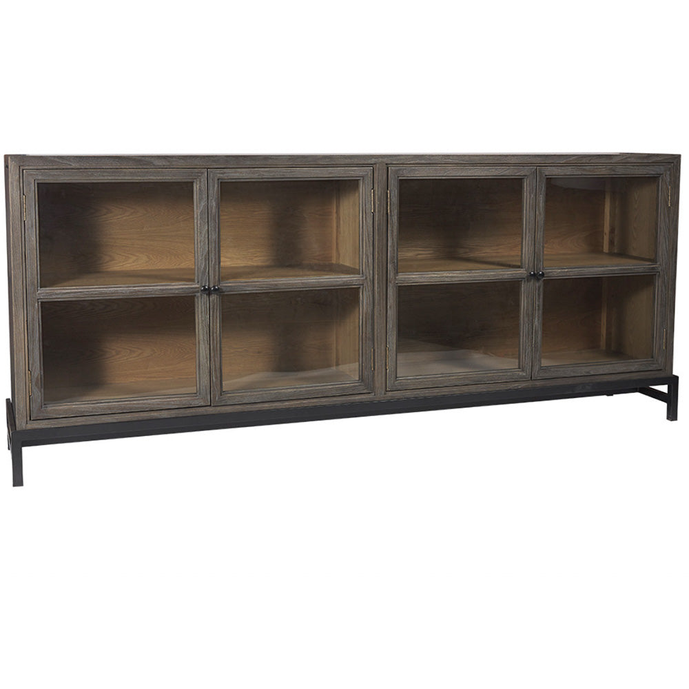 Photo of dark timber sideboard buffet with glass doors and black metal legs.