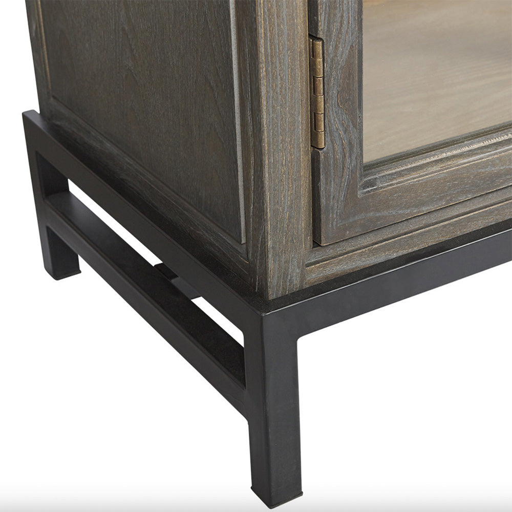 Close up photo of the corner details of dark timber sideboard buffet showing the black metal legs.