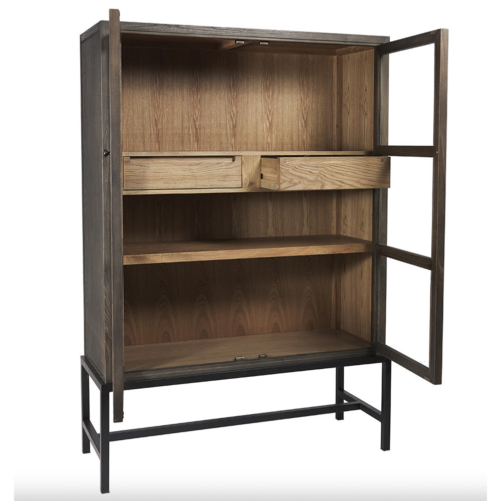 Photo of dark timber and metal cabinet with glass doors open showing the internal timber shelving and two hidden internal drawers.