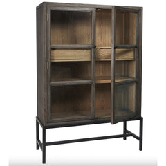 Photo of dark timber cabinet with glass doors and black metal legs, and one of the glass doors is open.