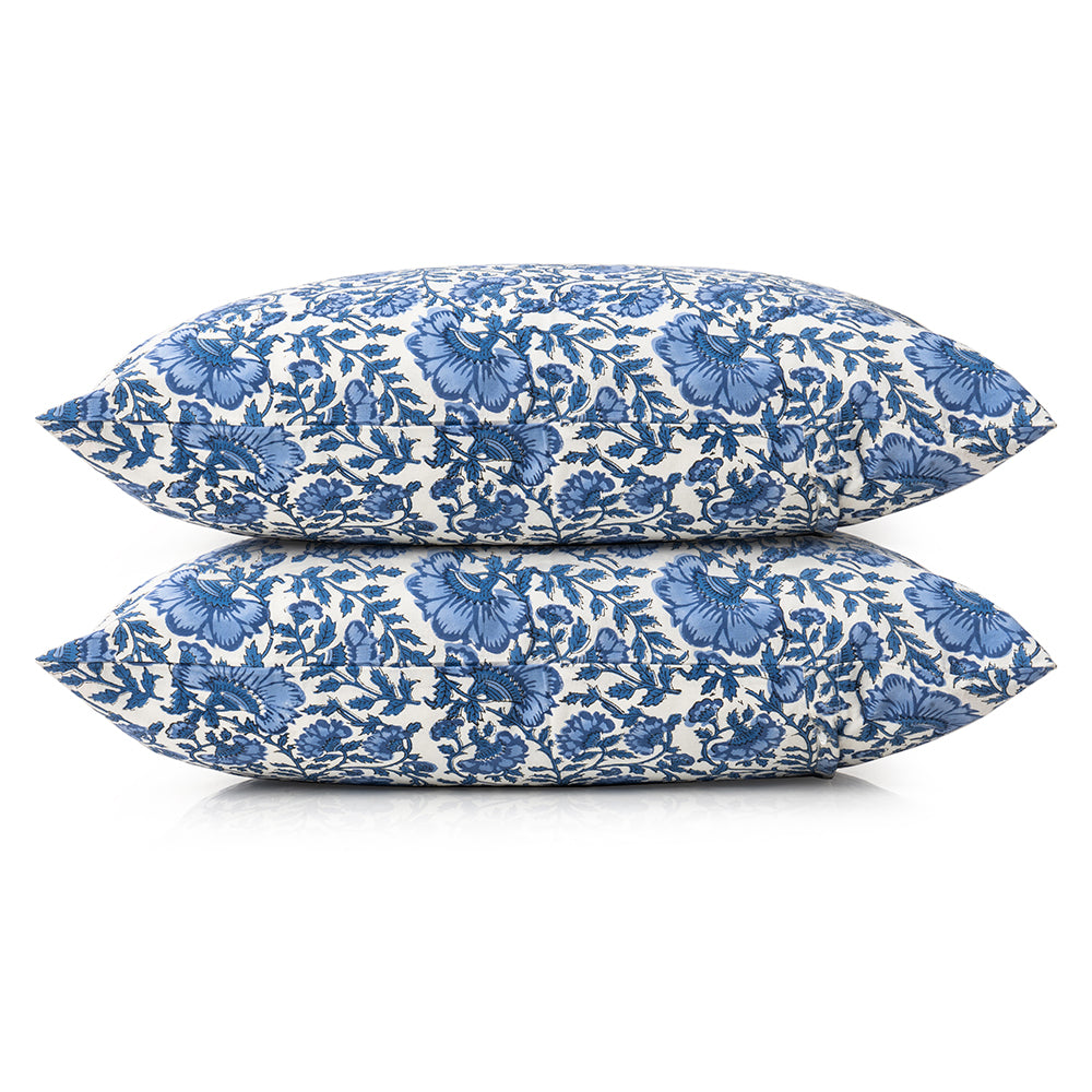 Blockprint cotton blue and white floral pillowcases