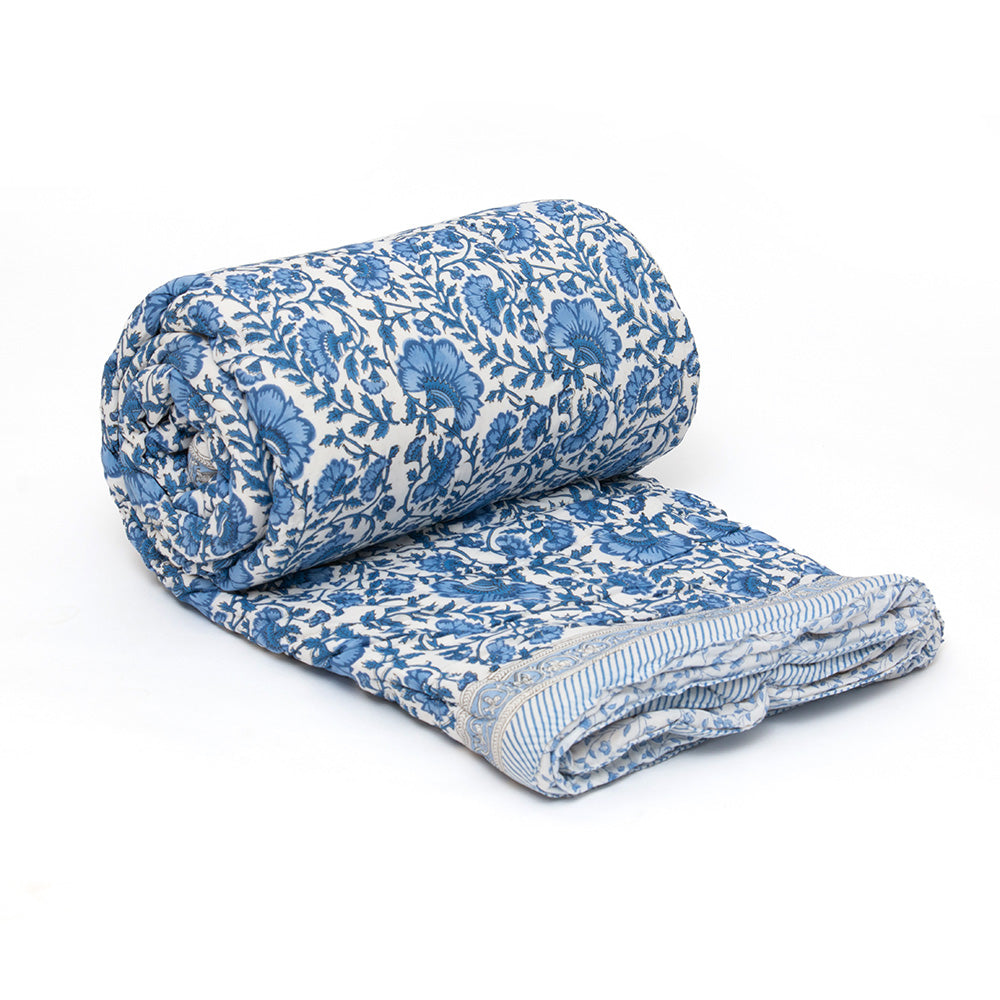 Photo of a blue and white floral quilted bedspread rolled up with just the end showing which shows the reverse pattern of the quilt being a white background with soft blue floral print.