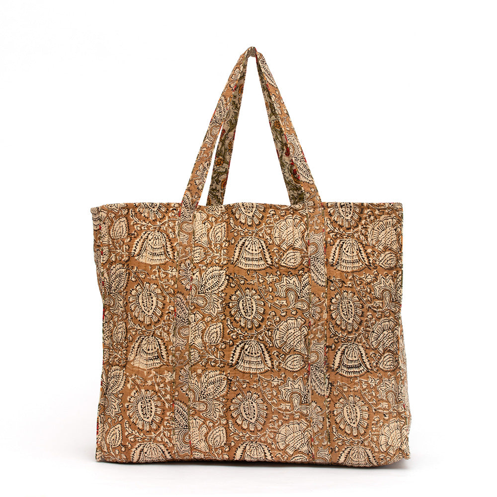 Photo of coffee spice floral block printed quilted tote bag.