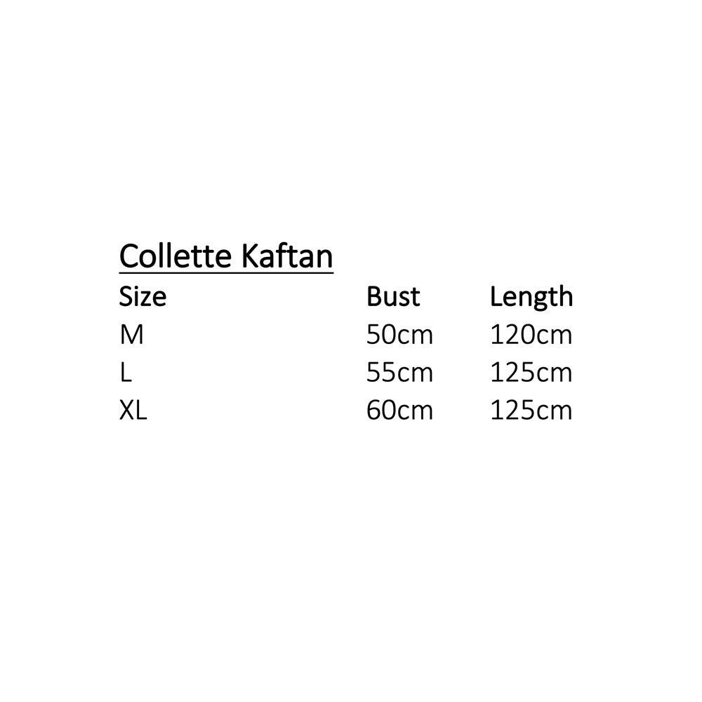 Sizing details for Collette Kaftan dresses.