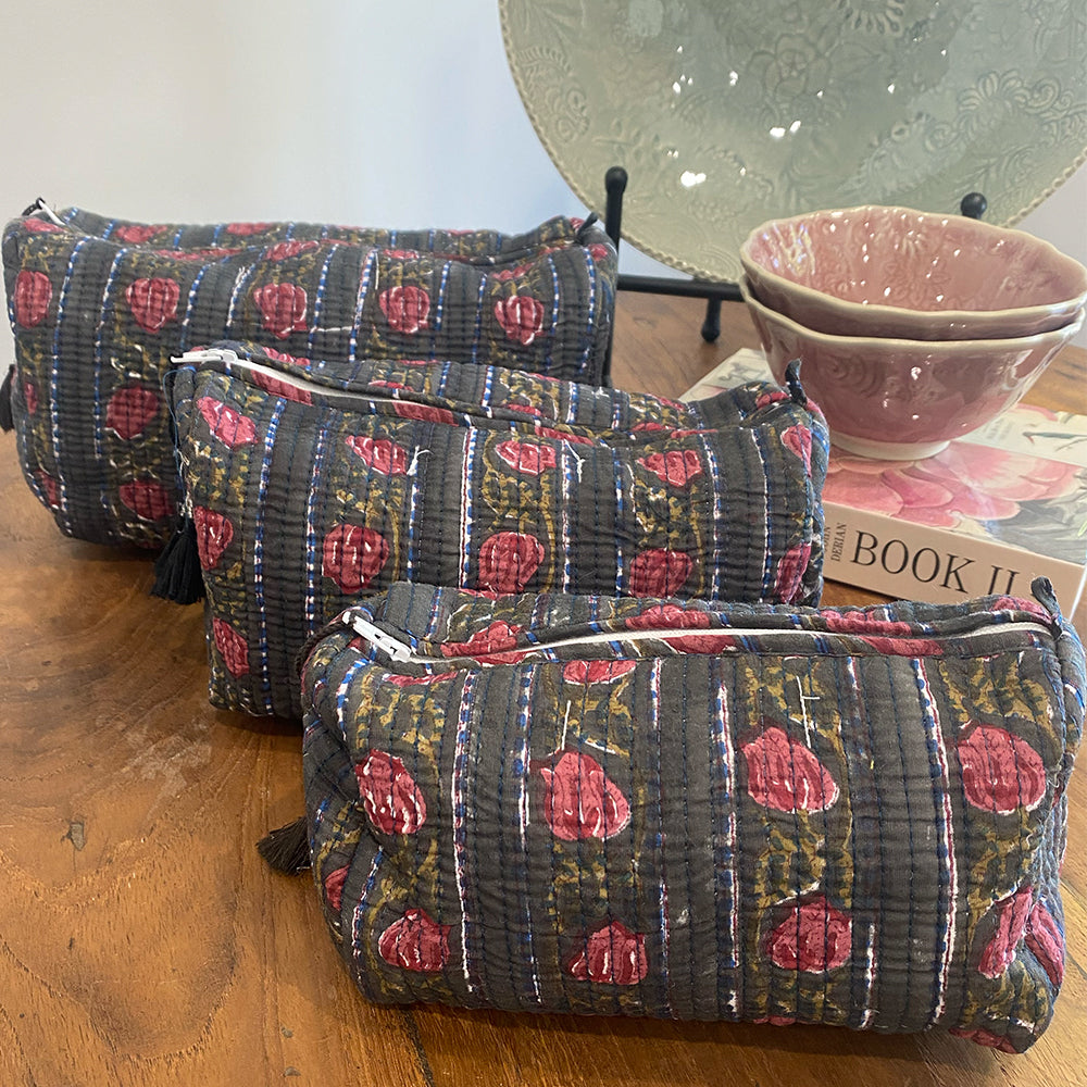 Quilted Cotton Cosmetic Pouch – Block Printed - Hazel