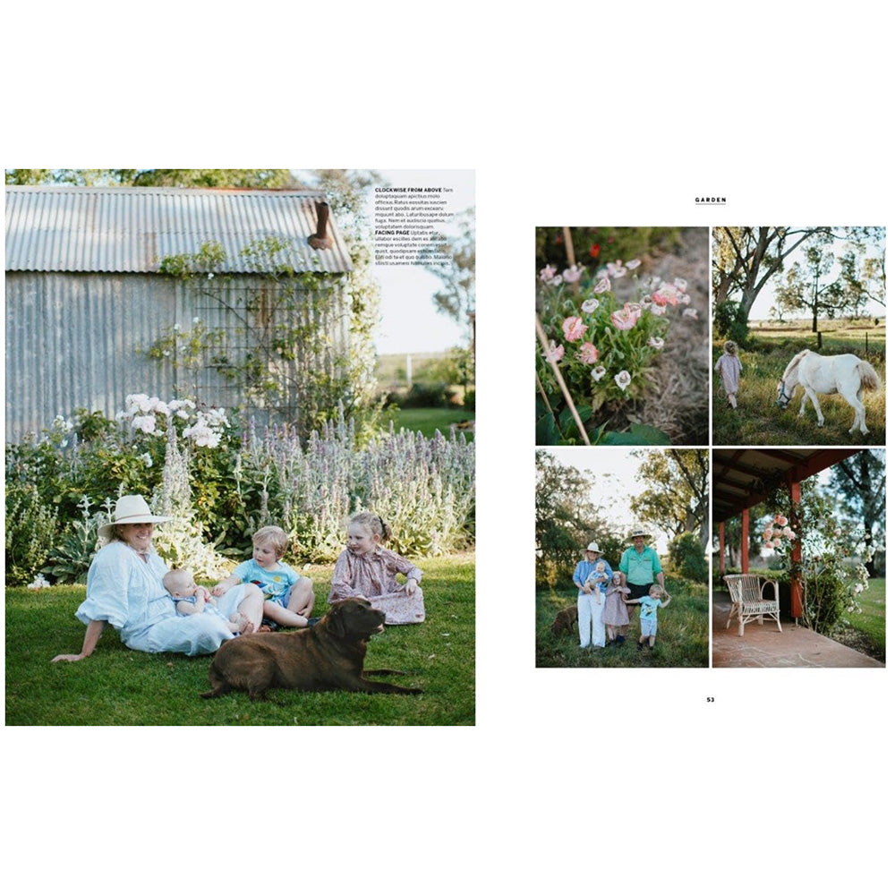 Photos showing the inside pages of Country Homes In Australia Vol 2 book with a photo of a lady and three children and their dog sitting on the grass in front of a silver garden shed on the left, and to the right are four small photos showing a family and images of their home and garden.