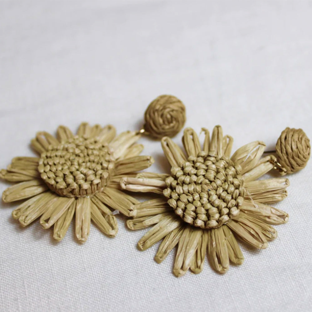 Photo of raffia earrings with a feature raffia daisy in a coffee brown colour.