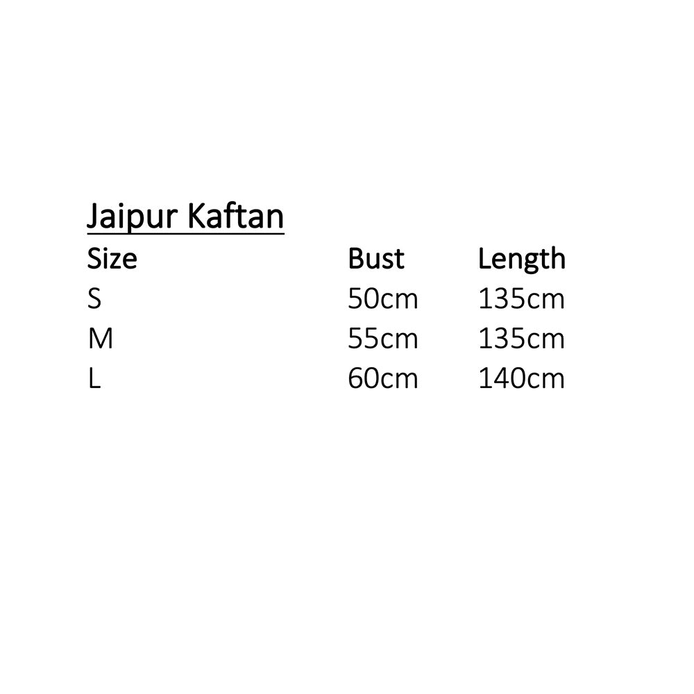 Sizing details for Jaipur kaftan dresses.