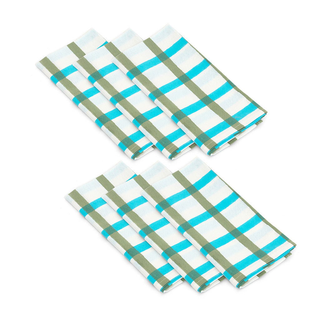 Photo of 6 folded white, aqua blue and olive green check fabric cotton napkins.