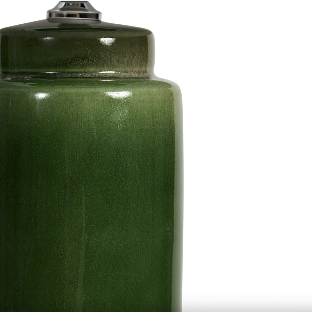 Close up photo of dark glossy green glaze lamp base.