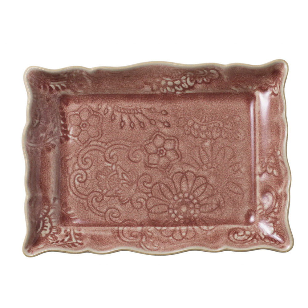 Photo of small ceramic rectangular dish in old rose glossy glaze.