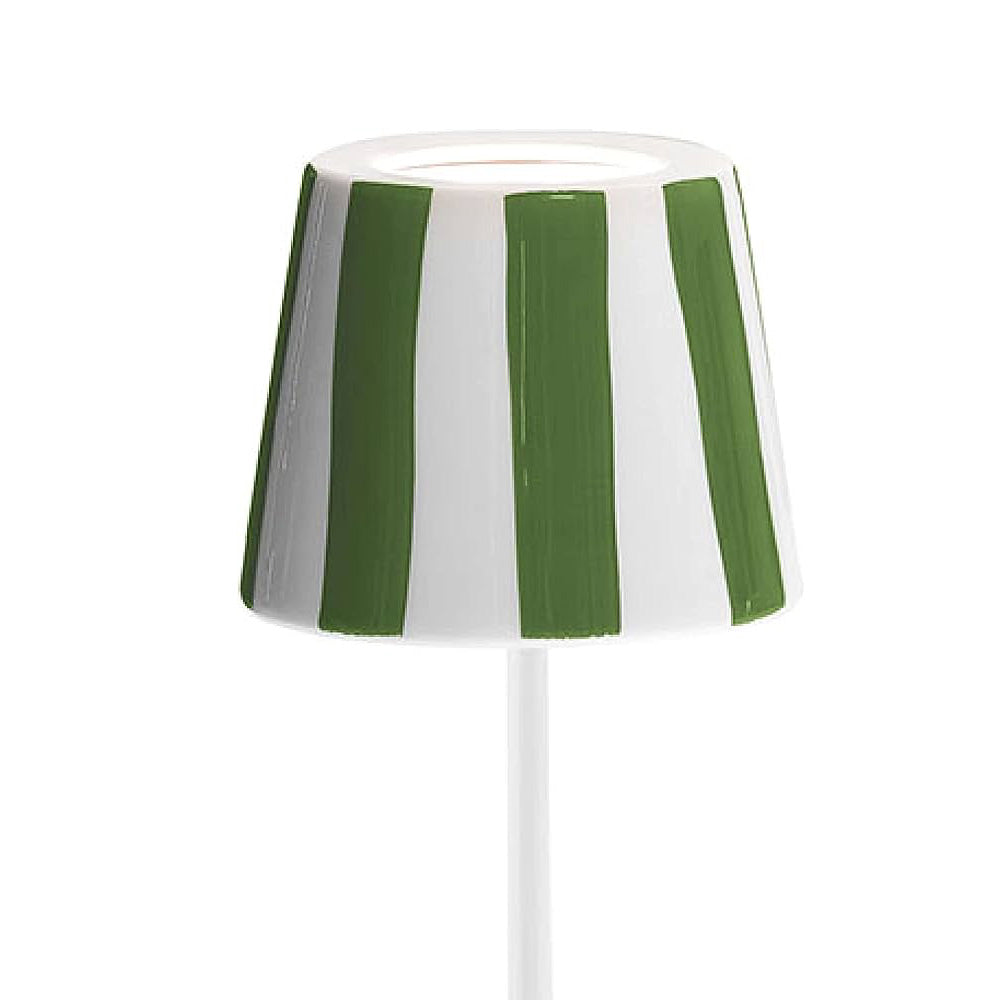 Close up photo of a ceramic lamp shade cover in a glossy green and white stripe glaze.