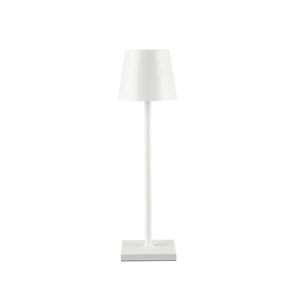 Photo of a white metal battery operated table lamp.