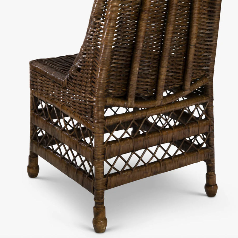 Photo of the back of dark antique finish rattan dining chair