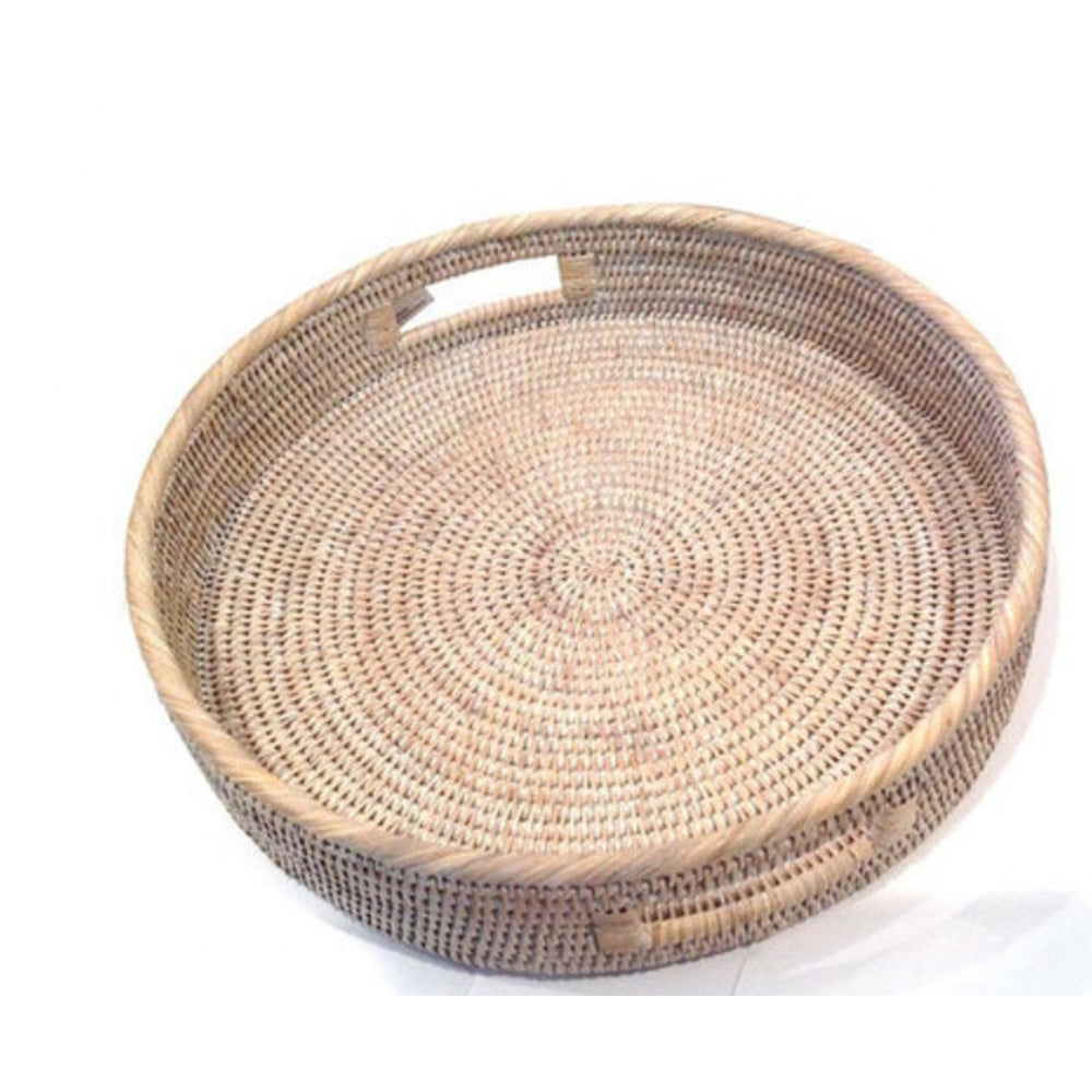 Photo of white wash rattan round tray with open handles in two sides.