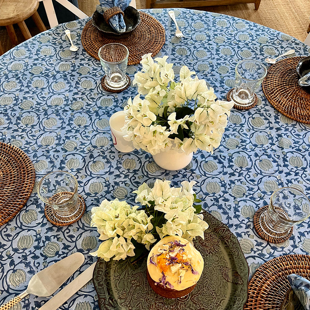 Photo of Eden round cotton blue and aqua pomegranate flower tablecloth