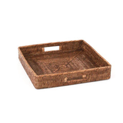 Photo of dark rattan square tray with open handles in two sides.