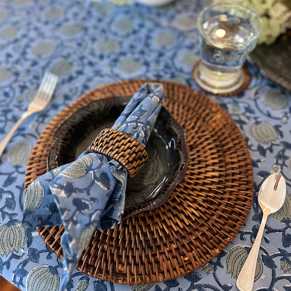 Photo of Eden round cotton blue and aqua pomegranate flower napkins