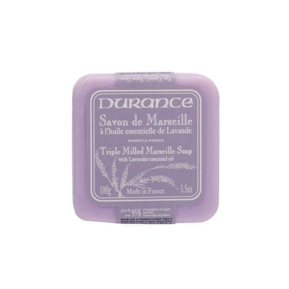 Lavender square soap bar with lavender and white label explaining product