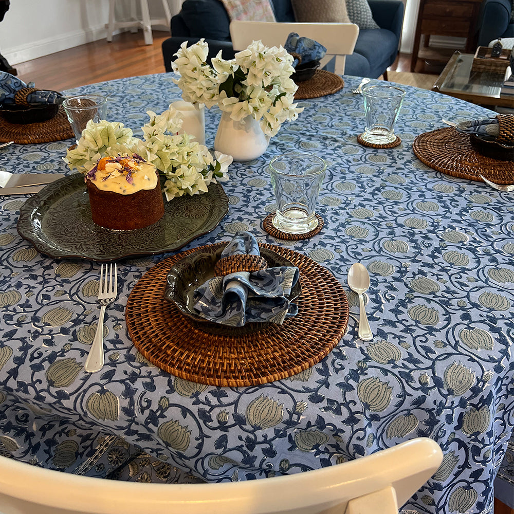 Photo of Eden round cotton blue and aqua pomegranate flower tablecloth