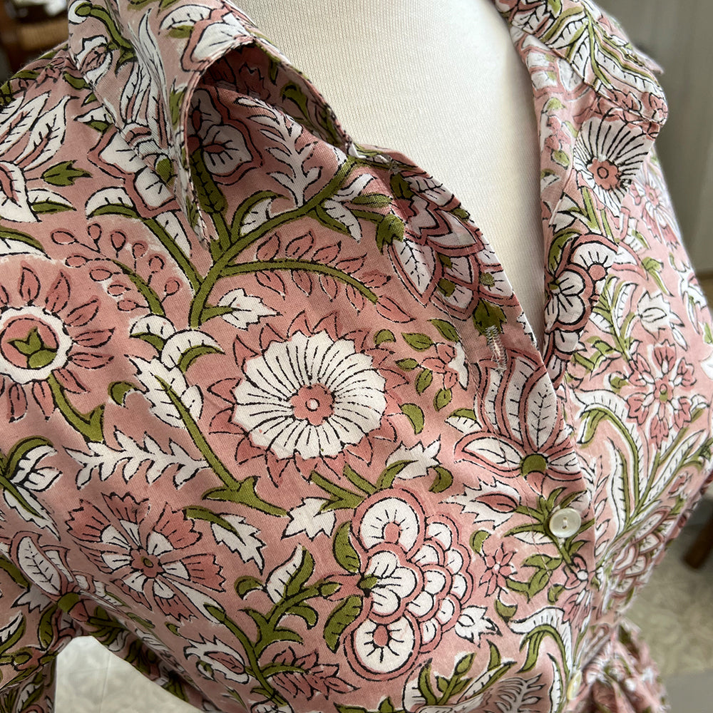 Photo showing fabric detail and pattern on Adaline Dress in coffee and olive green