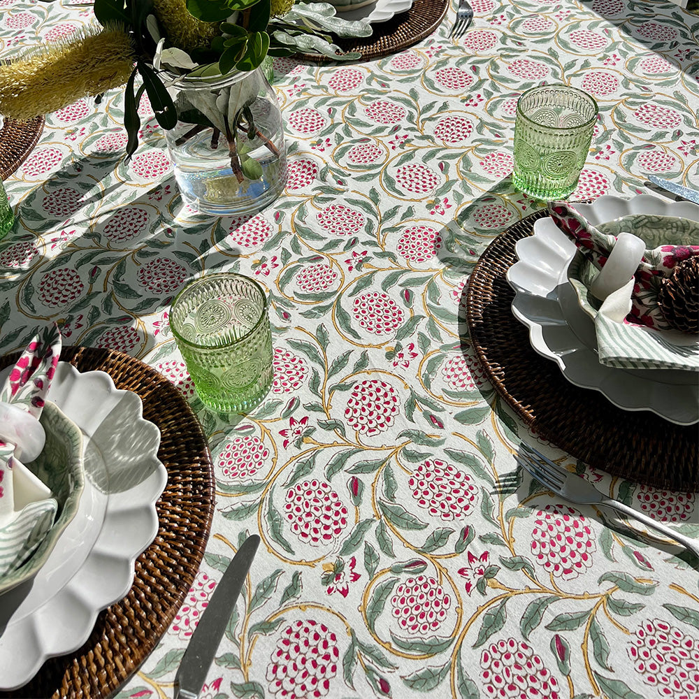 Photo of pink and green pomegranate Ava cotton tablecloth