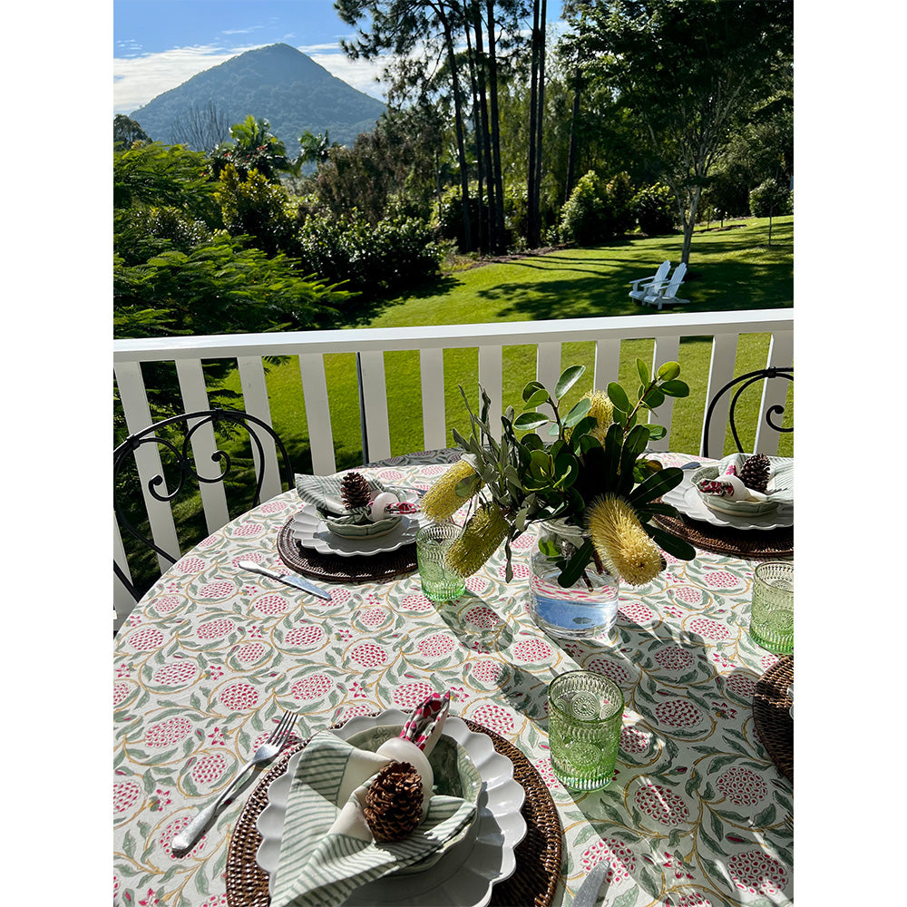 Photo of pink and green pomegranate Ava cotton tablecloth