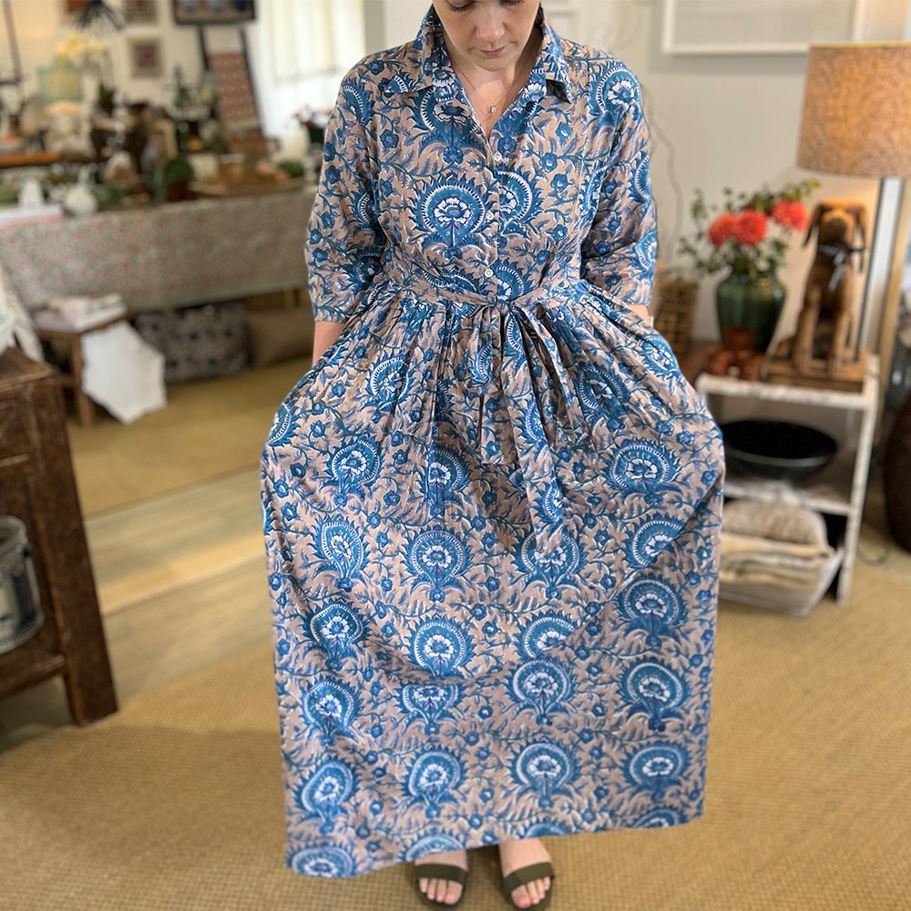 Photo showing fabric detail and pattern on Adaline Dress in beige and French blue