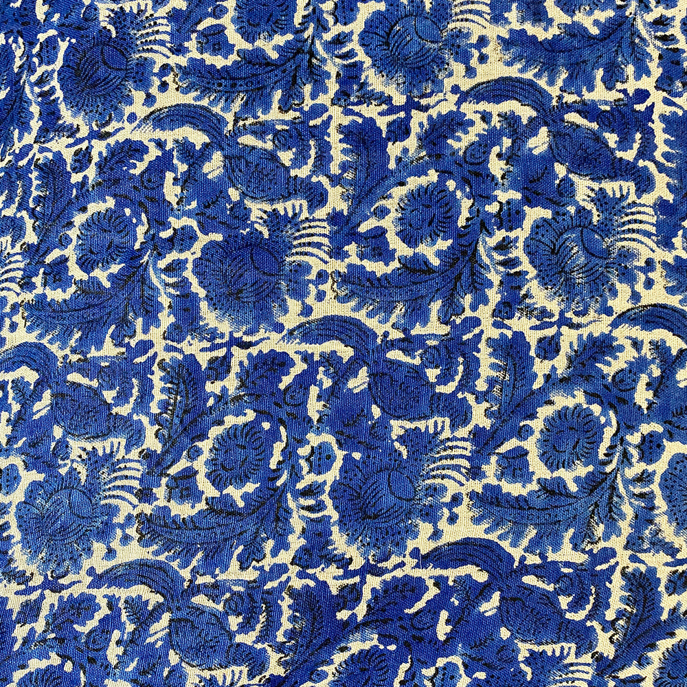 Up close photo of Indigo blue block printed linen of floor cushion