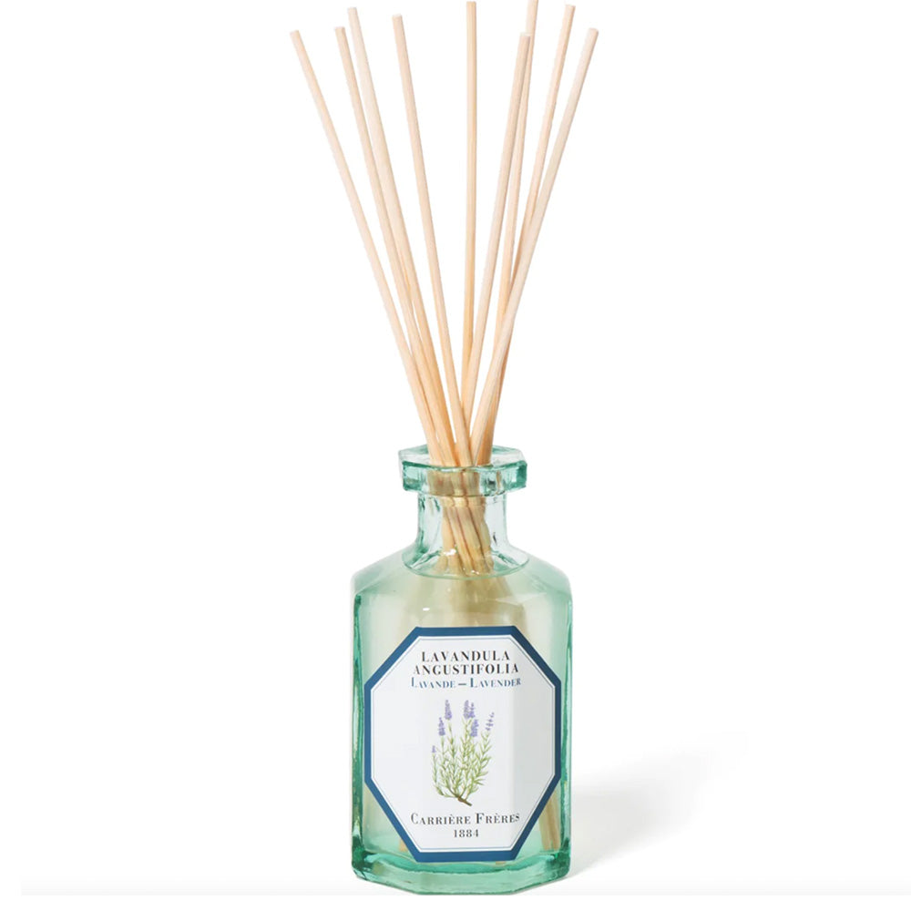 Photo of lavender scented room diffuser bottle and sticks made by Carriere Freres