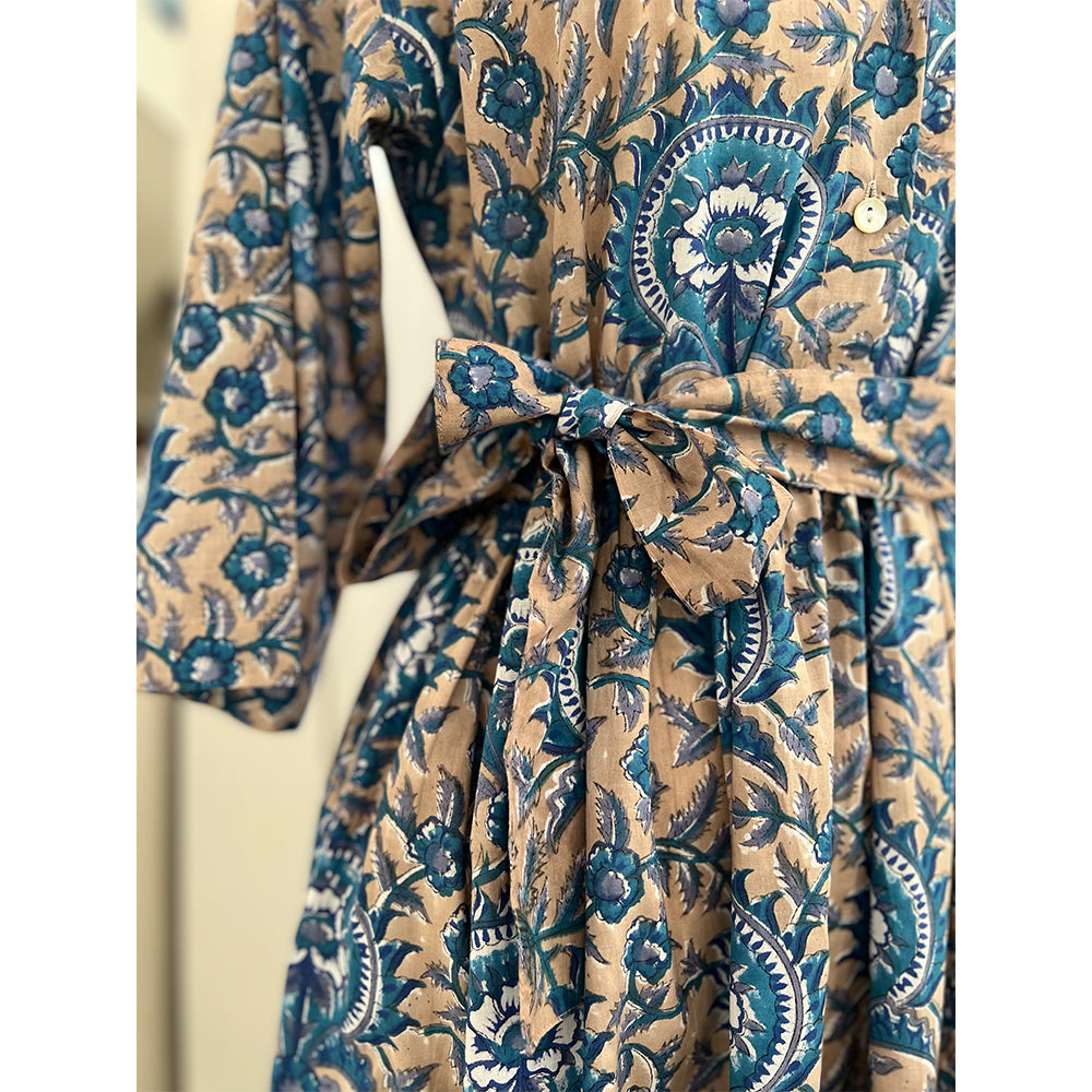 Photo showing fabric detail and pattern on Adaline Dress in beige and French blue