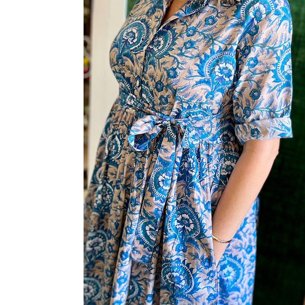 Photo showing fabric detail and pattern on Adaline Dress in beige and French blue