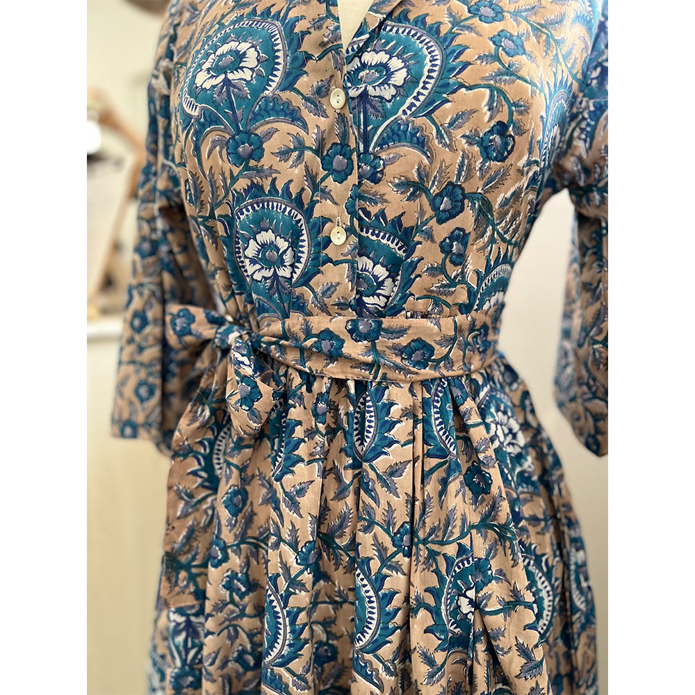 Photo showing fabric detail and pattern on Adaline Dress in beige and French blue