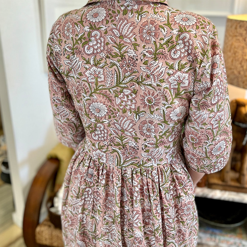 Close up photo showing back view fabric detail and pattern on Adaline Dress in coffee and olive green