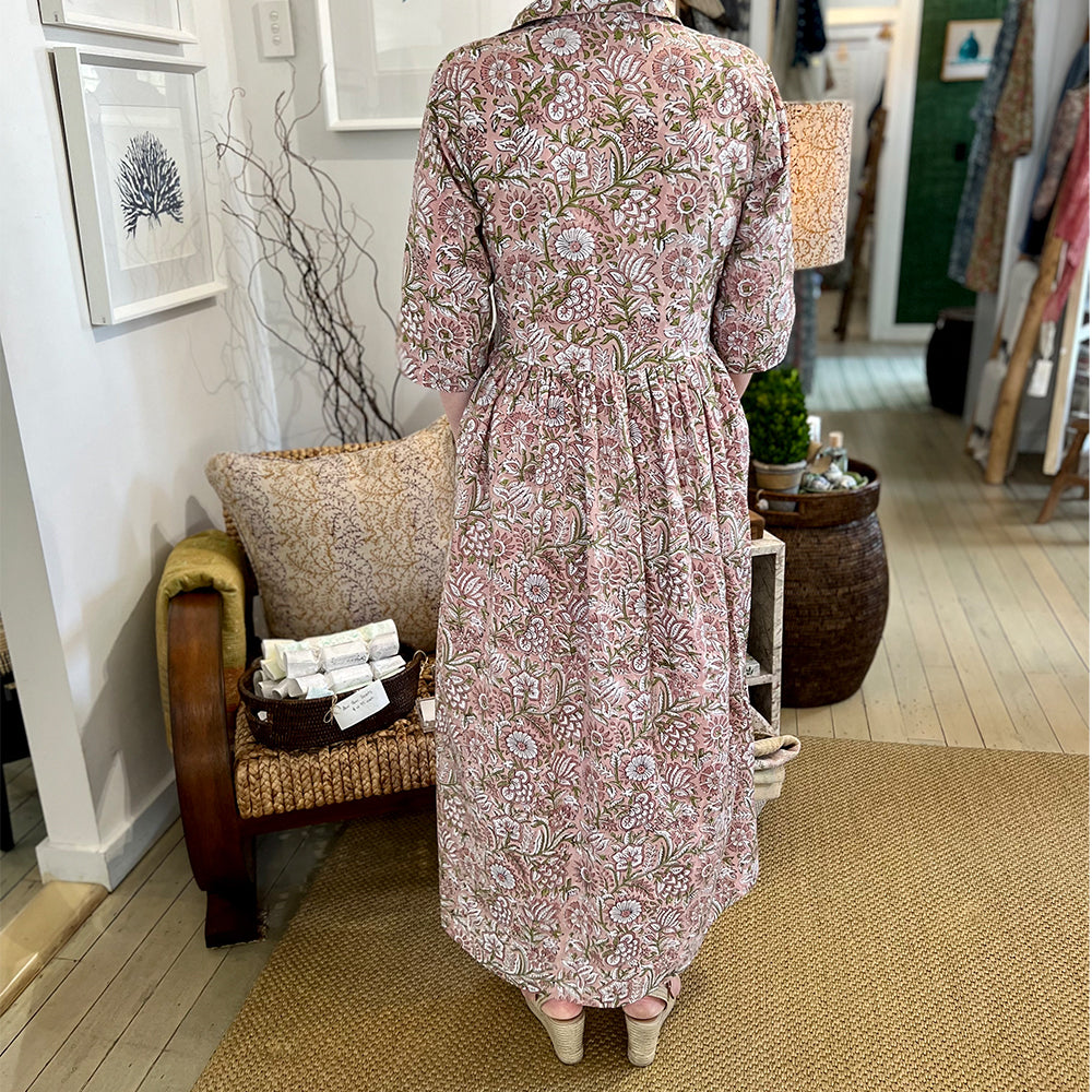 Photo showing back view of fabric detail and pattern on Adaline Dress in coffee and olive green